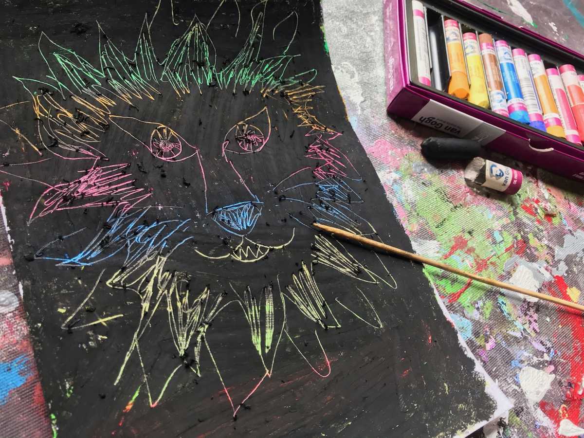 scratch art med oliepastel, fedtfarver