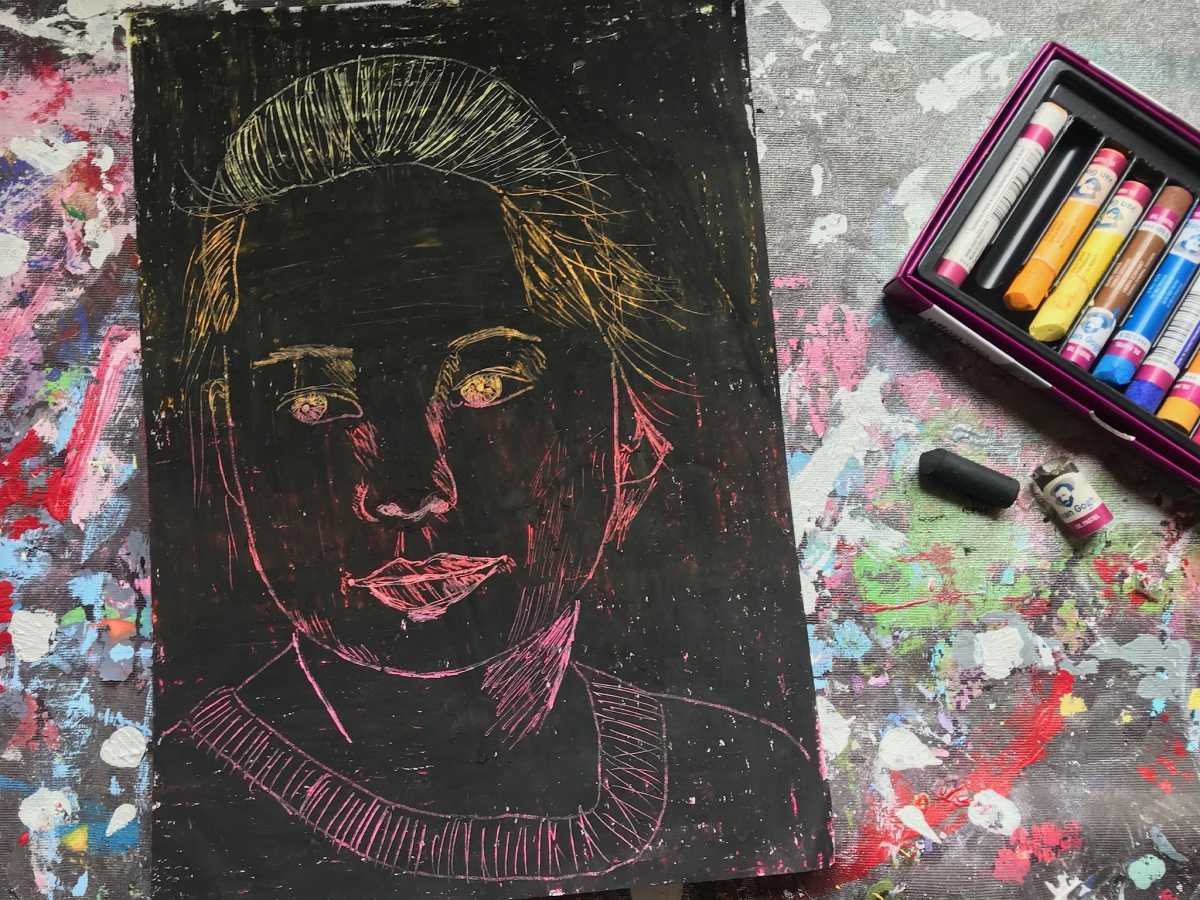 scratch art med oliepastel, fedtfarver