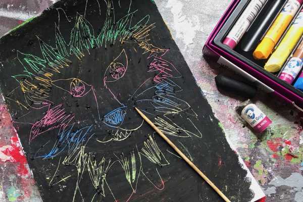 scratch art med oliepastel, fedtfarver